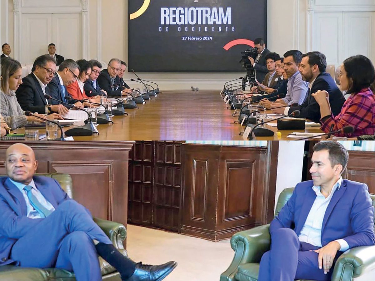 - Arriba: Simplificando Procesos Administrativos.Regiotram de Occidente avanza sin licencia ambiental.
El gobernador de Cundinamarca, Jorge Rey, anuncia un decreto gubernamental que eximiría proyectos ferroviarios en áreas urbanas establecidas, como el Regiotram de Occidente, de la necesidad de obtener una licencia ambiental. Esta medida, respaldada por el presidente Petro, promueve la movilidad sostenible y mejora los tiempos de desplazamiento.

- Abajo: Diplomacia.
Reunión con el canciller.
Jorge Rey se reunió con el canciller (E) Luis Murillo, quien expresó el interés del Gobierno Nacional en promover la diplomacia subnacional. Con esta iniciativa se podrá facilitar la colaboración entre las autoridades territoriales de diferentes países.