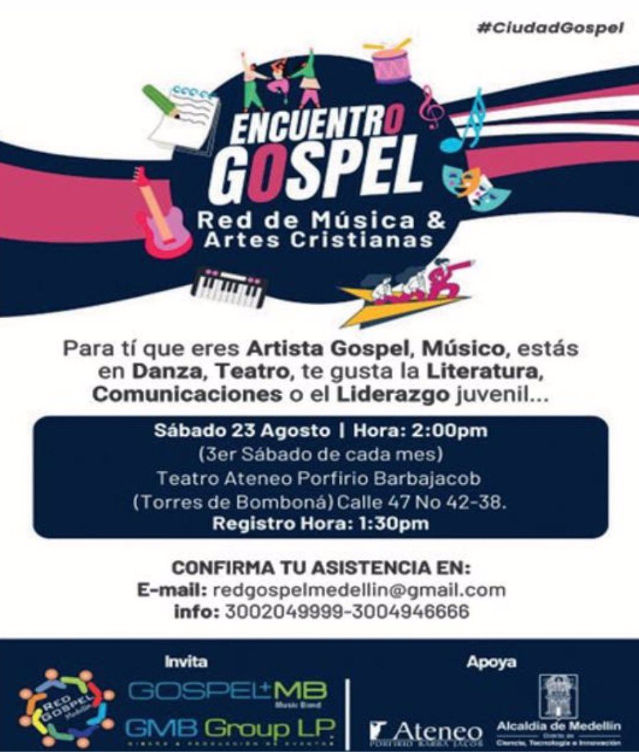 La Red de Música & Artes Cristianas, tuvo escenario con su Encuentro Góspel, reuniendo nuevamente a todos los músicos, grupos de alabanza y demás ministerios cristianos de Medellín y Antioquia (música, danza, teatro, literatura, comunicaciones, deporte y liderazgo juvenil).