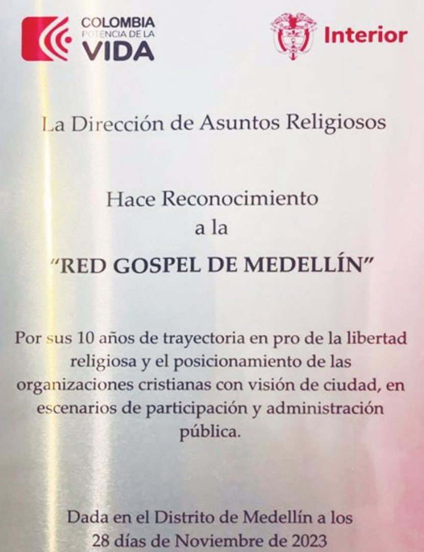 Reconocimiento conmemorativo a la Red Gospel de Medellín por parte de la Dirección de Asuntos Religiosos de MinInterior.